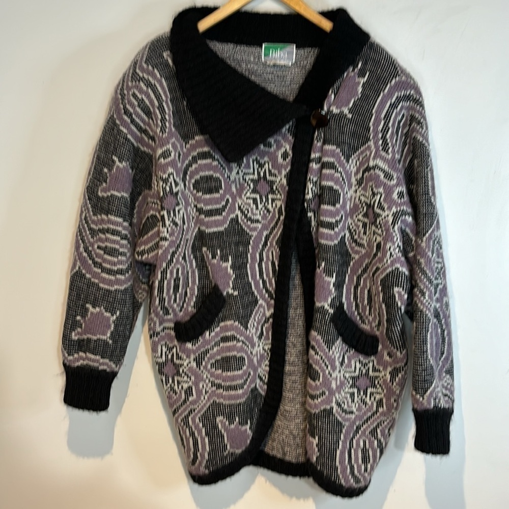 Vintage 80’s Biba Paris wool blend purple print cardigan size EU38 (US8/medium) - Picture 10 of 13